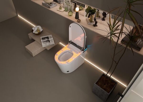WC allongé de luxe avec bidet intelligent, double chasse d'eau, ouverture et fermeture automatiques, siège chauffant, évacuation murale, blanc