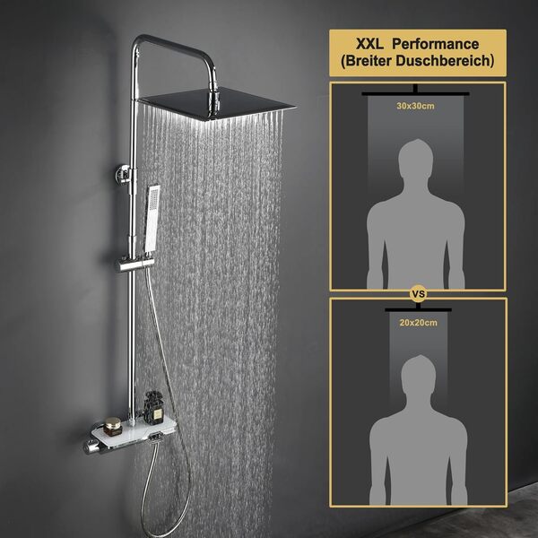 Görbach Colonne de Douche avec Mitigeur Thermostatique, Acier inoxydable Système de Douche avec Robinetterie, Pommeau de Douche, Douchette à Main, Barre de Douche Chromée (Carrée 3030CP)