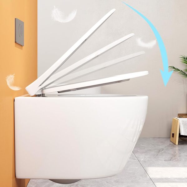 Teal Home WC suspendu en céramique avec abattant avec système d'abaissement automatique – Cuvette avec chasse d'eau Superspin monotrou – WC blanc avec revêtement nano – 52 × 37 × 34,5 cm