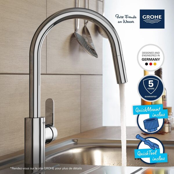GROHE Robinet de cuisine รฉvier Get, Robinet avec douchette extractible, Bec en forme de U, Inverseur 2 jets, Installation et nettoyage facile, Supersteel, 31484001 (Import Allemagne)