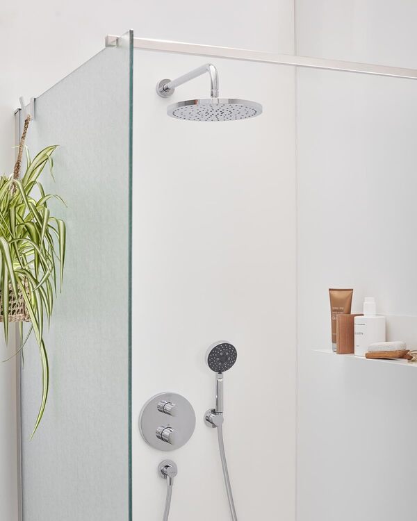 Jacob Delafon - Pack Robinetterie Douche Encastrée Thermostatique MODULO - Kit Tout-en-Un - Tête Ronde 25cm, Douchette 5 Jets - Finition Chrome - E30758-CP