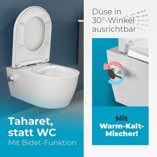 SSWW WC Taharet - Avec Robinetterie et siège amovible Softclose | Douche WC suspendu | WC avec fonction bidet | Hygiénique | Alpha sans bord | 540 x 360 x 330 mm