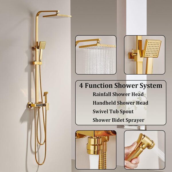 LNXGJJ Colonne de Douche Dorée Système de Douche Touches du Piano Ensemble de Douche avec 22cm * 22cm Tête de Douche, Douchette à Mains, Robinet de Baignoire, Bidet Pulvérisateur