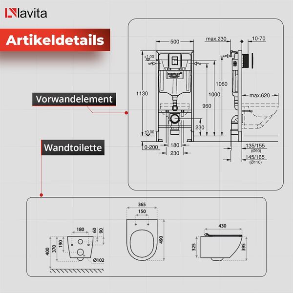 Grohe Rapid SL Élément mural de WC avec plaque de déclenchement + WC mural Lavita sans système de chasse d’eau + abattant WC avec système d'abaissement automatique Soft-Close