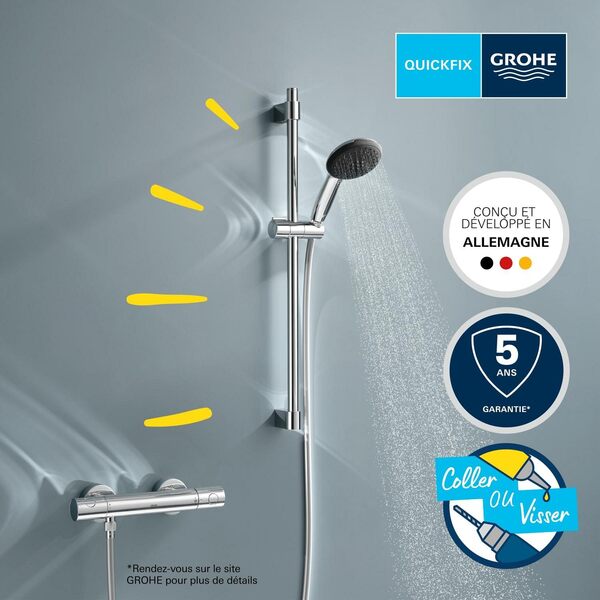 GROHE Precision Get Mitigeur Thermostatique Douche, Ensemble de Douche 1 jet avec barre 60cm, Economie d'eau, A coller avec GROHE QuickGlue ou à visser, Chromé, 34856000