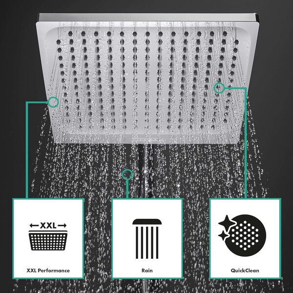 hansgrohe Crometta E - Colonne de douche sans mitigeur, douche pluie (240 x 240 mm) avec inverseur, douchette (2 jets), support, flexible de douche, barre et douche de tête carrée, Chromé, 27298000