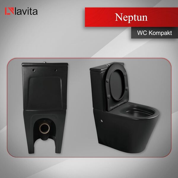 LAVITA NEPTUN BLACK WC monobloc avec réservoir de chasse intégré | Couvercle avec système d'abaissement automatique | WC en céramique sans bord | Cuvette WC debout + raccord WC
