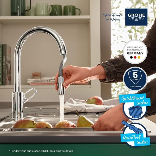 GROHE Start Flow Robinet de Cuisine, Mitigeur Monocommande Evier, Mousseur Extractible, Bec Haut, Zone de Rotation 360°, Chromé, 30569000