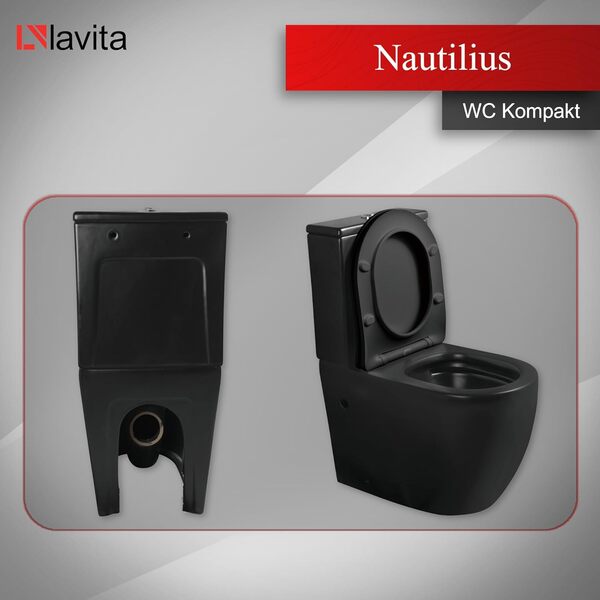 LAVITA Nautilius Black WC monobloc avec réservoir de chasse intégré | Couvercle de WC avec système d'abaissement automatique | WC en céramique sans bord | Cuvette WC debout + raccord WC
