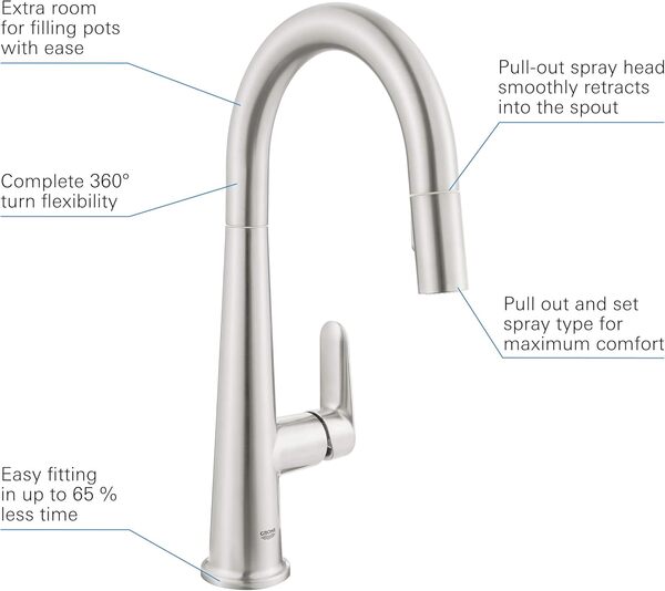 GROHE Veletto Mitigeur de Cuisine avec Douchette Extractible, Rotation 360°, Bec Haut en Forme de C, Inverseur 2 jets (Laminaire/Pluie), Supersteel, 30419DC0 (Import Allemagne)