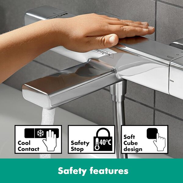 hansgrohe Croma E - Colonne de douche avec mitigeur thermostatique de baignoire, douche pluie (280 x 170 mm) avec robinet, douchette (3 jets), support, flexible, barre et douche de tête carrée, Chromé