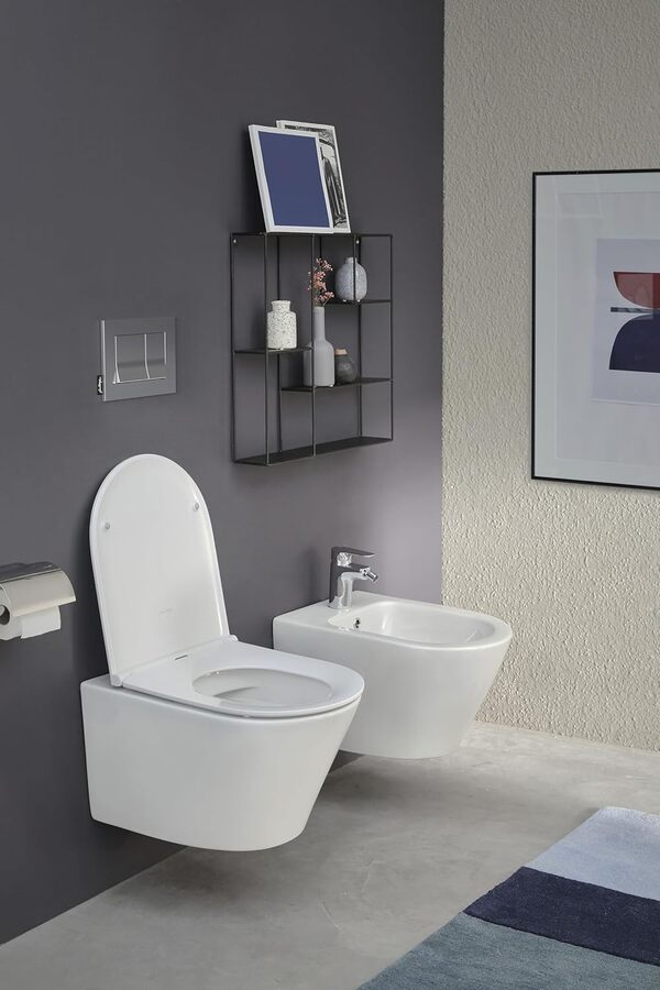 Jacob Delafon - Pack WC Suspendu Sans Bride RODIN+ - Compatible Double Chasse 3/6L - Abattant Déclipsable Fermeture Douce - 36x35x52 cm - Blanc - E25856-00