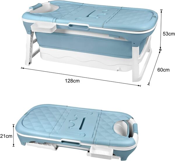 LARS360 Baignoire pliante pour adulte - Baignoire de voyage pliante avec couvercle amovible - Porte-savon, rouleaux de massage, baignoire mobile pour petite salle de bains (128 x 62 x 53 cm)
