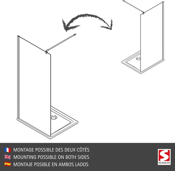 Schulte paroi de douche fixe à l’italienne 140 x 200 cm, barre 122 cm incluse, profilé noir, montage gauche droite, verre de sécurité 6 mm sérigraphié, plage de réglage 138.0-140.5