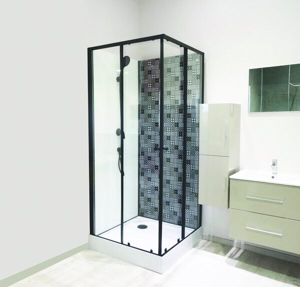 ONDÉE, Cabine de douche CIMENT, Montage sans silicone, Cabine 100x80x207cm, Accès d'angle, Portes coulissantes en verre trempé 5mm, Profilés aluminium peint noir mat, Livrée en kit