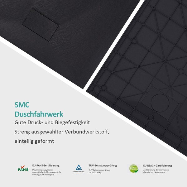 EMKE Receveur de douche 120 x 90 cm - Surface antidérapante - En SMC - Aspect pierre - 90 mm - Trou de drainage - Receveur de douche d'angle - Noir