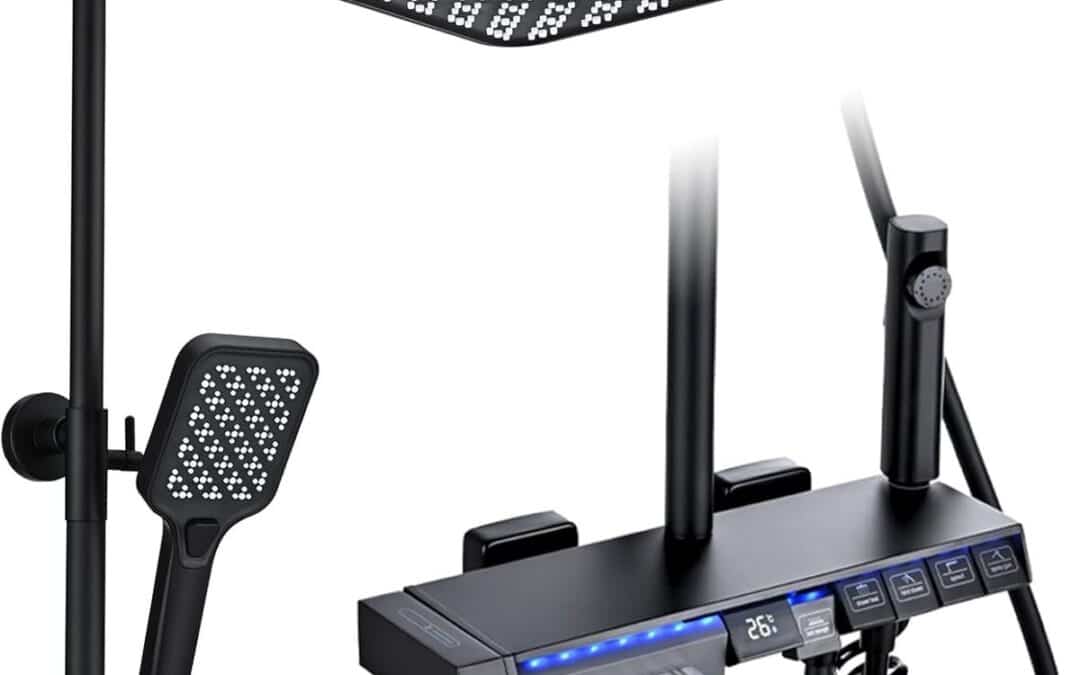 Test de la colonne de douche avec mitigeur thermostatique noir et affichage LED