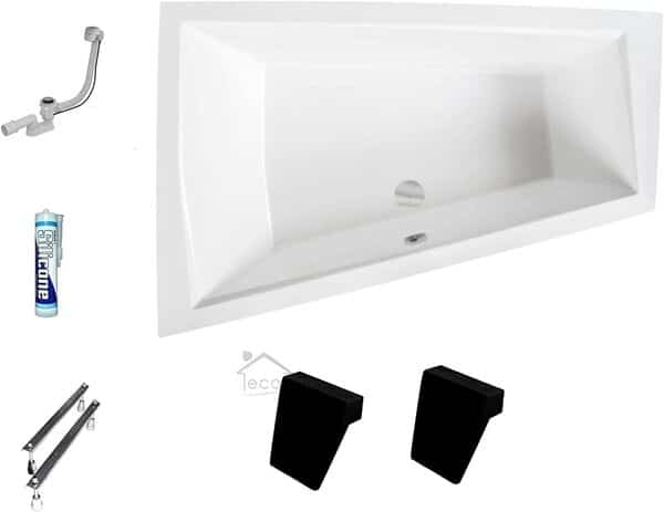ECOLAM Baignoire trapézoïdale pour deux Intima Duo Slim 180x125 cm gauche + 2x appuie-tête noir confortables. Vidange automatique Alcaplast + Pieds et silicone. Baignoire idéale pour deux personnes