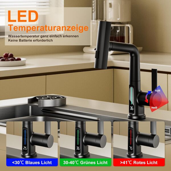 Robinet de Cuisine avec Douchette Extensible, Digital Affichage de la Température LED, Robinetterie Cuisine de Rotatif à 360°, 3 Modes Mitigeur d'Évier pour Lavabo Bains, Hauteur Réglable, Noir