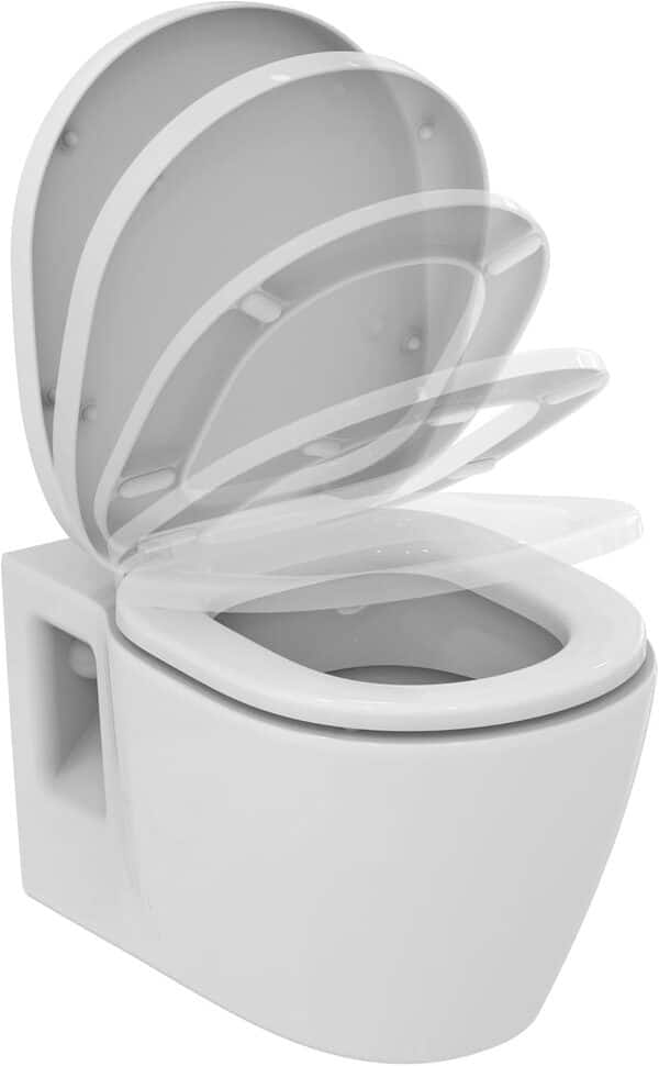 Ideal Standard – Connect Pack WC suspendu, Design arrondi, WC avec rebord émaillé, Abattant frein de chute, finition blanc brillant