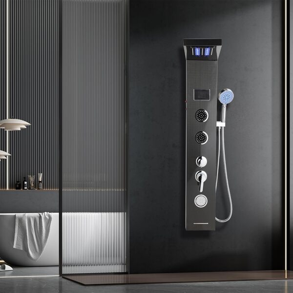 Panneau de douche LED, système de douche à effet pluie, avec affichage de la température, colonne de douche, 5 fonctions, buses de massage réglables, panneaux de douche, système de douche, 2