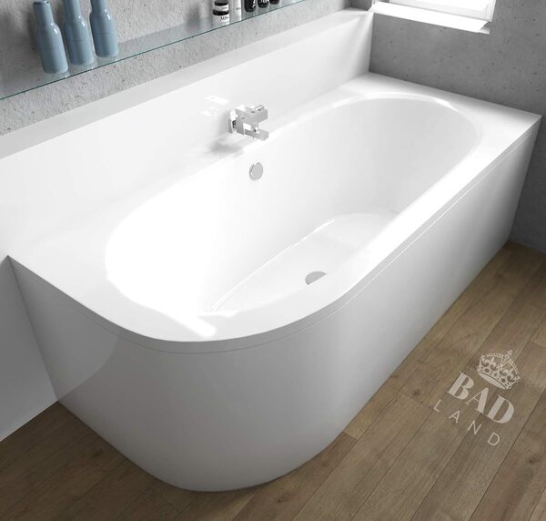 BADLAND Baignoire originale 180 x 80 cm droite en acrylique Kit complet avec tablier, siphon, baignoire d'angle, baignoire d'angle, design moderne, bonde chromée, pour 2 personnes, fabriqué en UE, 4
