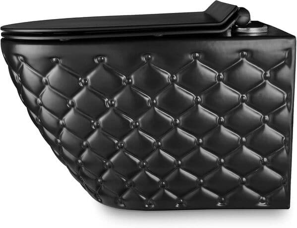 WC suspendu noir mat, ensemble complet sans rebord, design avec abattant Softclose, idéal pour les toilettes des invités. Inclus : kit d'isolation phonique.