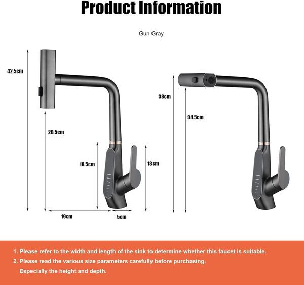 Robinet de Cuisine Extractible, 3 Modes de Débit D'eau, Cascade, Affichage Numérique LED, Pivotant à 360° Mitigeur Cuisine Robinet, Mitigeur Cuisine à Poignée Unique, 59A Cuivre(Gun Gray)