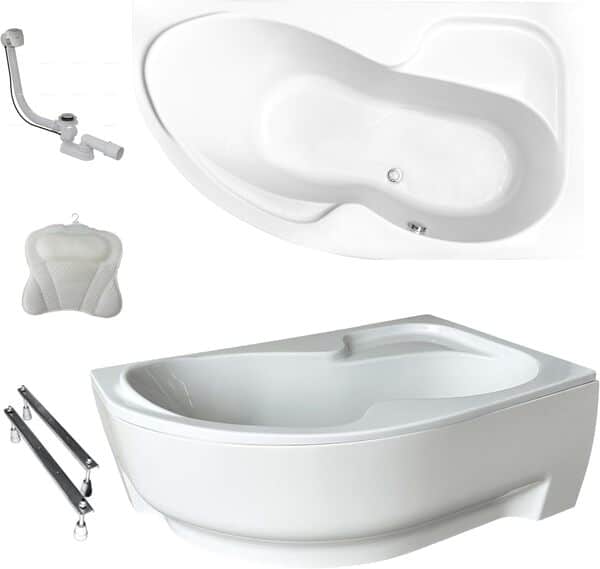 ECOLAM Baignoire d'angle Wela 150 x 100 cm droite + tablier | oreiller Mare | pieds siphon set complet