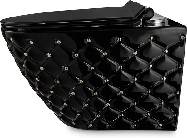 WC suspendu noir avec boutons dorés, ensemble mural complet sans rebord, design avec abattant Softclose, idéal pour les toilettes modernes des invités. Inclus : kit d'isolation phonique.