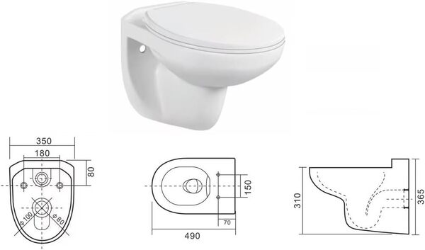 Kit complet de WC suspendu sans bord - Abattant Soft Close à abaissement automatique en céramique - Cuvette murale pour élément de paroi avant - Réservoir de chasse encastré