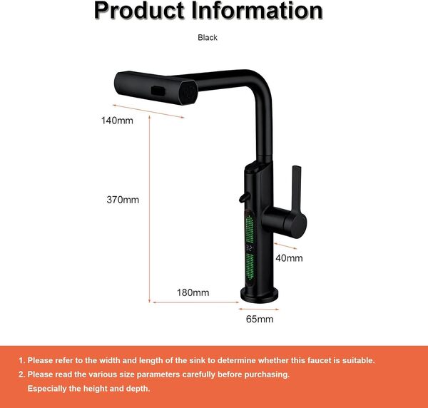 BEITH Robinet de Cuisine Extractible à Cascade, Affichage Numérique LED, 3 Modes de Débit d'eau, Mitigeur à Poignée Unique