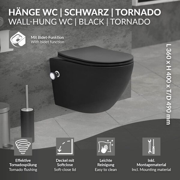 LuxeBath WC Suspendu sans Rebord avec Fonction Bidet, Court 49 cm, Noir Mat, Chasse d'Eau Tornade, en Céramique, Abattant Softclose Amovible en Duroplast, Cuvette avec Siège à Fermeture Automatique