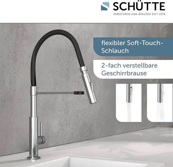 Schütte 79180 STILO douchette extractible, Robinet pivotant à 360 degrés, mitigeur monocommande pour évier de Cuisine Chromé/Noir
