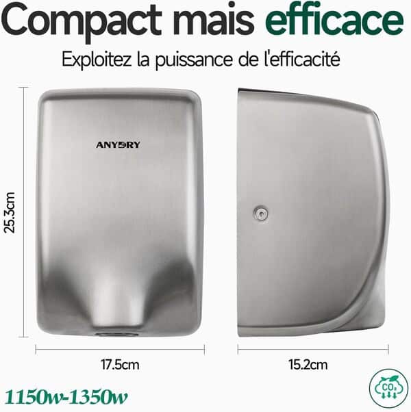 anydry Sèche-Mains 2803Y Mini, Flux d'air Haute Vitesse 1350W, Finition Acier Inoxydable brossé, Gain de Place pour Usage Professionnel & Domestique(Brossé)