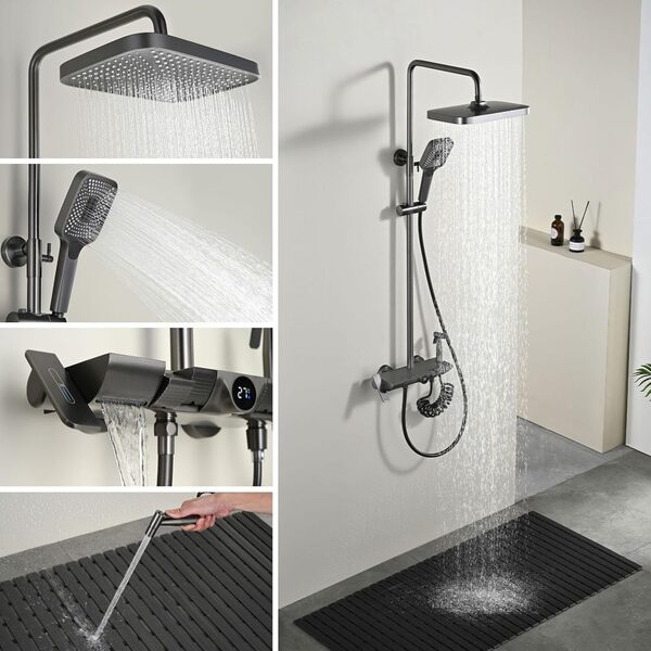 BEITH Ensemble de Douche Thermostatique, 4 Fonctions Colonne de Douche avec Affichage Numérique, 30x21cm Carré Systèmes de Douche, Robinet de Baignoire Cascade, Pistolet, Réglable en Hauteur