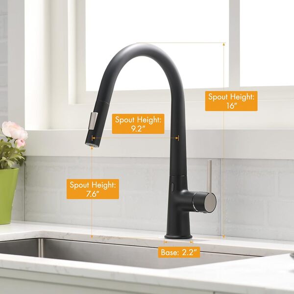 AIMADI Robinet de Cuisine sans Contact à Détection Motion Économiseur d'Eau Mitigeur avec Capteur Finition Résistante aux Traces Livré avec Douchette Noir