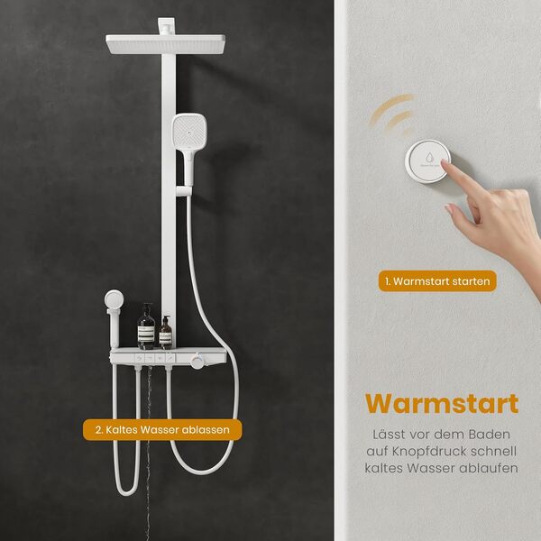 EMKE® Système de douche à effet pluie, blanc mat, 40 cm, affichage LED, étagère en verre, avec thermostat, douchette parentale et enfant, douche à effet pluie, grande taille, facile à installer