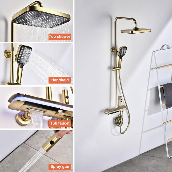 Colonne de Douche Thermostatique, 4 Touches de Piano de Fonction Ensemble de Douche, 31x20cm Carré Pommeau de Douche, Affichage Numérique, Lumière d'ambiance à DEL 360° (Or Brossé)
