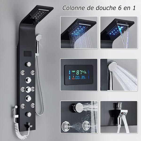 Colonne de Douche Hydromassante LED Colonne Douche Inox Colonne de Douche Noir 6 Fonctions avec Buse de Massage Douche à Main Salle de Bains Murale