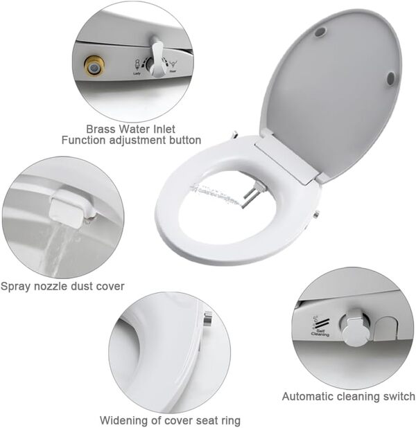 Sièges de bidet non électriques avec double buses auto-nettoyantes séparées à l'arrière et nettoyage féminin d'eau naturelle, siège de toilette à fermeture douce, installation facile à faire soi-même