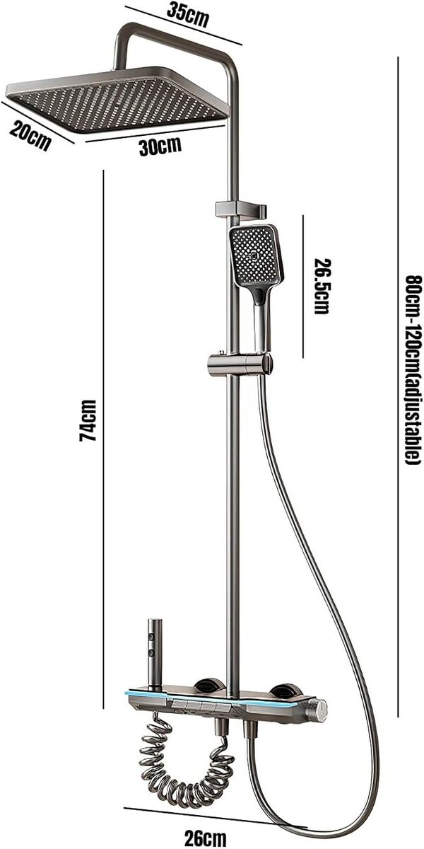 LED Affichage Numérique Colonne De Douche Thermostatique, 80-120cm Barre De Douche Hauteur RéGlable, Colonne De Douche Avec Tete De Douche 20 * 30cm, 3 Mitigeur Douche Avec éTagèRe (D)