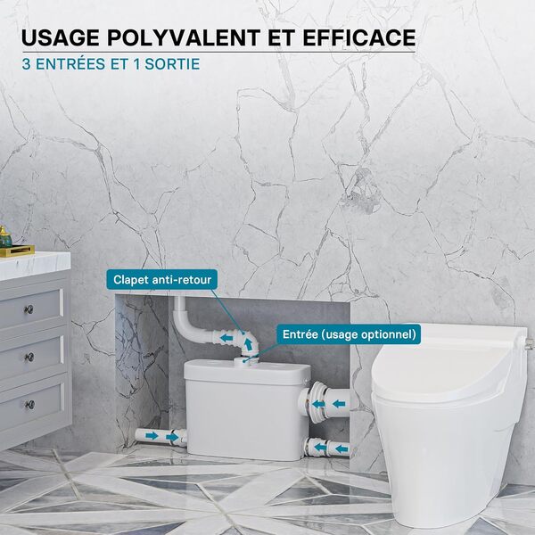 XPOtool Pompe de relevage 3/1 avec Raccord latéral – 450 W – 475 x 154 x 306 mm – 6900 l/h – Refoulement 7,5 m/75 m – Pour Eaux usées chargées WC – Station de Pompage Assainissement