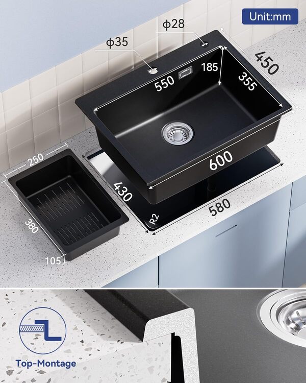 Évier de Cuisine Noir Granit 60x45cm, Évier Noir, Lavabo de Cuisine, Grande Évier de Cuisine en Granit, Évier de Cuisine Moderne Rectangulaire, Évier Simple avec 2 Trous de Robinet, Évier de