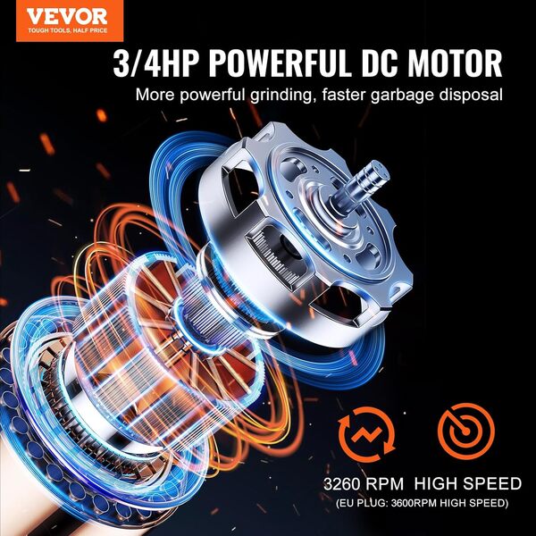 VEVOR Broyeur à Déchets d'Évier de Cuisine, 3/4 CV, Système Broyage Déchets Alimentaires, Montage à 3 Boulons, 3600 tr/min, avec Cordon d'Alimentation, Protection contre Éclaboussures pour Maison