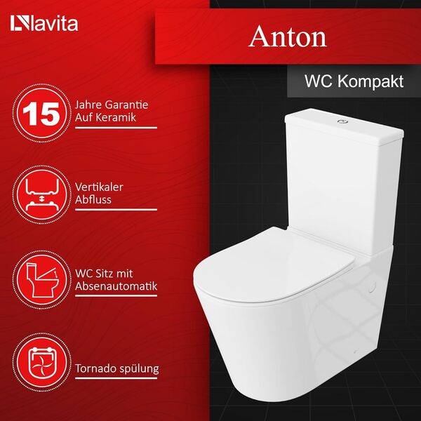 LAVITA Toilettes individuelles avec chambre de chasse intégrée ANTON BLANC Kit complet abattant wc avec fonction abaissement, WC céramique Rimless, système de rinçage TORNADO