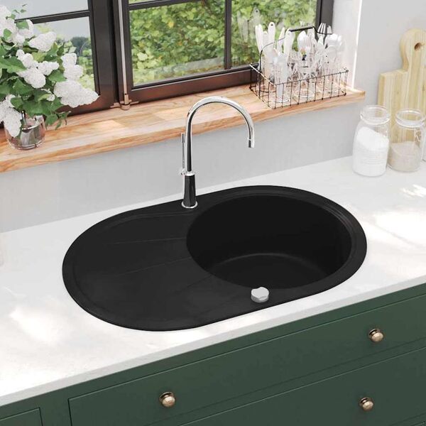 vidaXL Évier de Cuisine en Granit Bac Unique Ovale Noir Décor Cuisine Maison