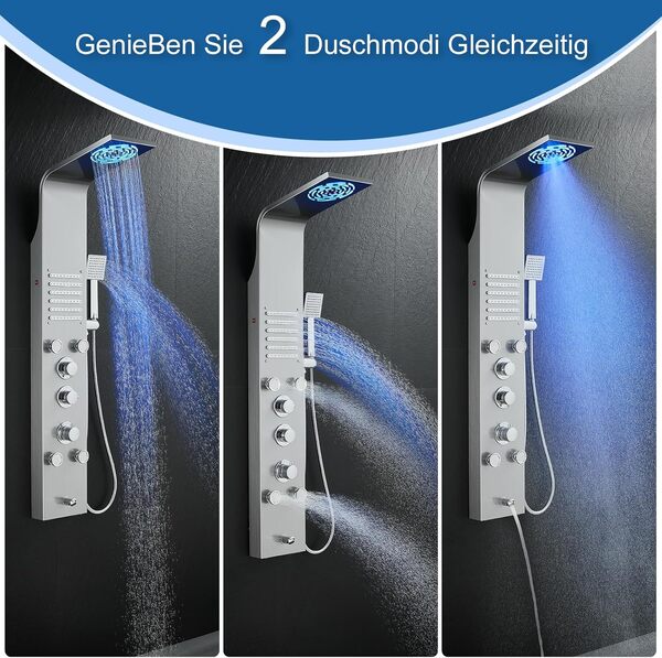 Unibody Colonne de Douche Thermostatique, Panneau de Douche à 6 Fonctions avec LED, Colonne de Douche Hydromassante avec Mitigeur et Buses Massants, Acier Inox 304 Brossé
