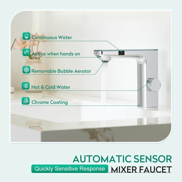 CREA Mitigeur de Salle de Bains Infrarouge, Robinet Lavabo Automatique à Infrarouge, Robinet Lavabo de Salle de Bains Infrarouge, Mitigeur Lavabo Touchless, Chrome