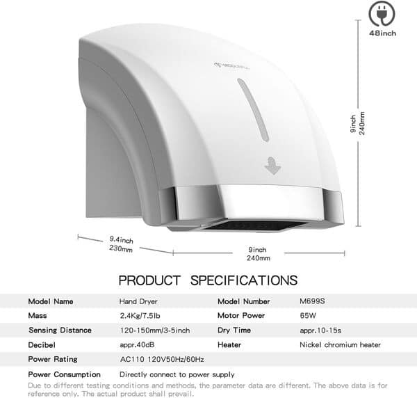 modunful Seche Main Electrique Seche Main Electrique Chauffants Automatiques pour Toilettes Commerciales, Très Silencieux et Faible Bruit (40 DB), Housse ABS Compacte, Fixation Murale (1600 W)